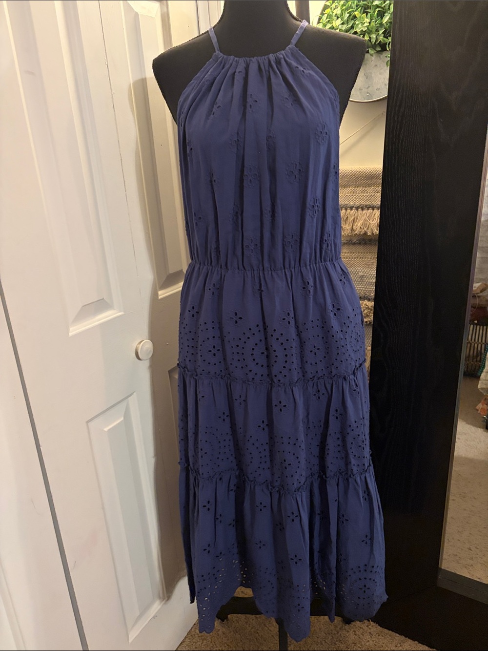 Sleeveless Navy Eyelet Halter Cotton Midi Dress
